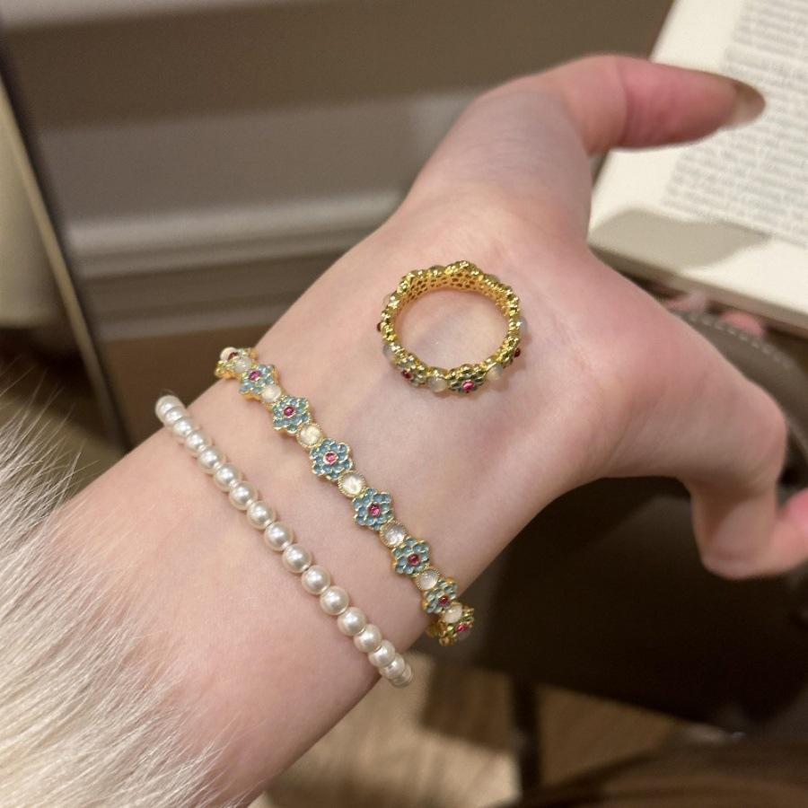 New Chinese Blue and White Porcelain Enamel Drop Glaze Flower Chalcedony Ring Retro Light Luxury Bracelet