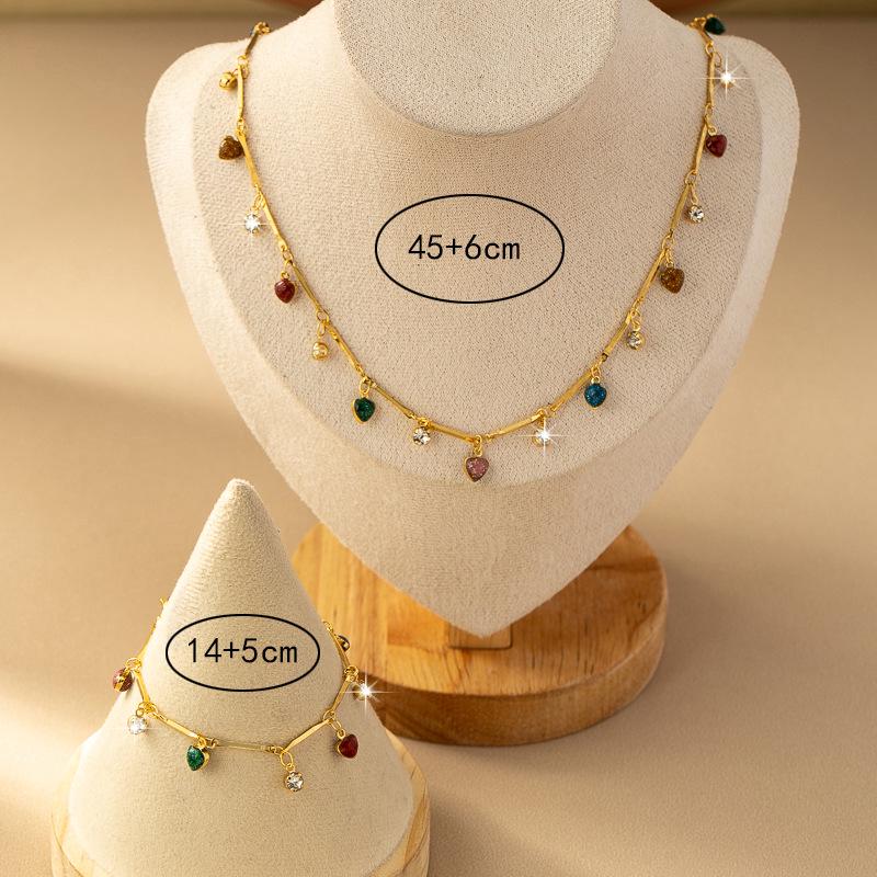 Vintage Bohemian Rainbow Heart Necklace & Diamond-Studded Bracelet Set