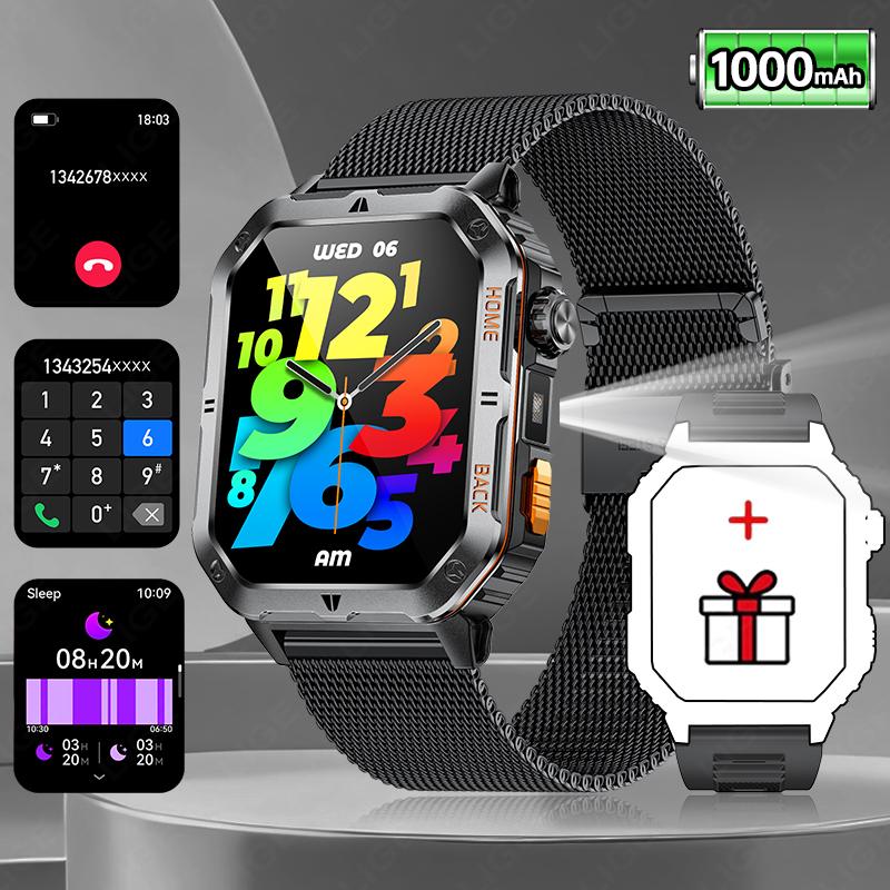 Men Smart Watch For Android IOS 1000mAh Flashlight 3ATM Waterproof Fitness Watches Voice Bluetooth Call 2.01" HD Smartwatch