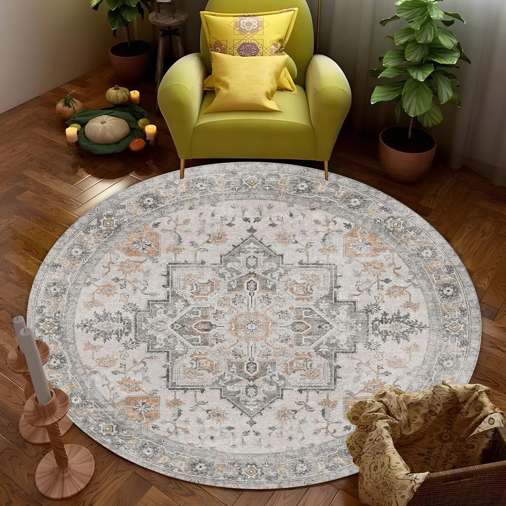 Classic Round Medallion Carpet  Gray/Beige Intricate Symmetrical Motifs With, Vintage Elegant Area Rug for Living Room & Bedroom