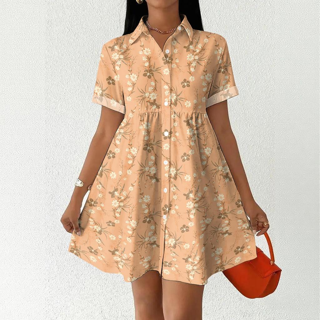 Casual Loose Fit Shirt Dress for Women Button Front Short Sleeve Collared Dress with Printed Hemline Border Design