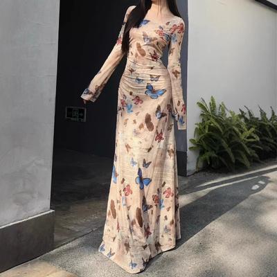 Frühling Herbst Vintage Schmetterlingsdruck Taille Schlankes Kleid Damen Langarm Lässig Bodycon Robe Vestidos