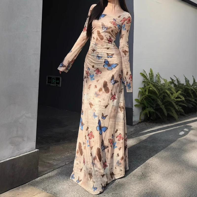 

Spring Autumn Vintage Butterfly Printing Waist Slim Dress Women Long Sleeve Casual Bodycon Robe Vestidos S