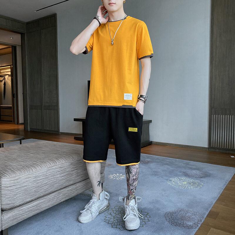 Men Two-piece Sets Sport Style Fashion Short-sleeved T-shirt Suit and Knee Length Short Pants Plus Size Men Clothing