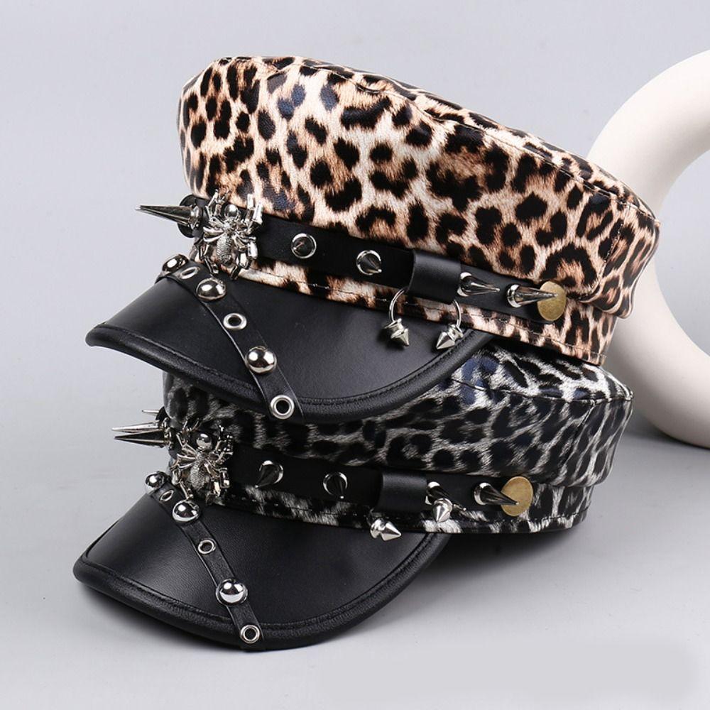 Hip-hop Y2k Beret Hat Punk Flat Top Cap Vintage Rivet Leopard Hat  for Girls