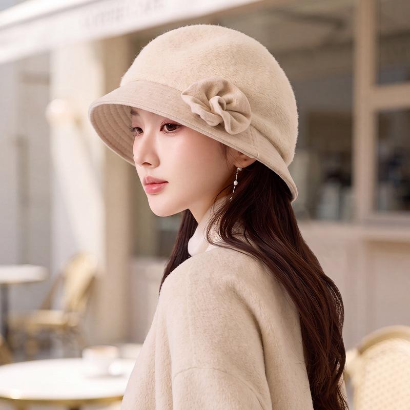 Literary flower bucket hat autumn and winter retro simple pot hat temperament big head circumference show face small hat women's