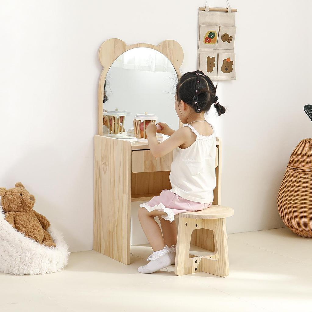 Korean-Style Wood Vanity & Stool Set for Girls - Compact Bedroom Dressing Table