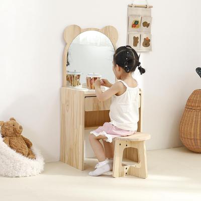 Korean-Style Wood Vanity & Stool Set for Girls - Compact Bedroom Dressing Table