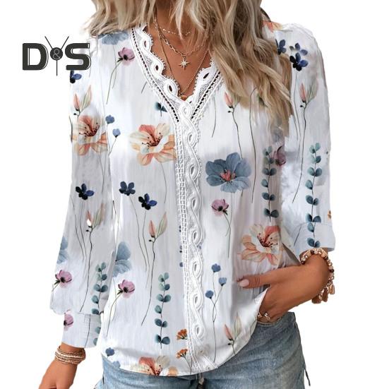 

Женский осенний топ с v-образным вырезом, кружевной лоскутный цветочный принт, с длинным рукавом, свободный, мягкий, дышащий, цветной, элегантный, для поездок на работу, женская блузка XL белый