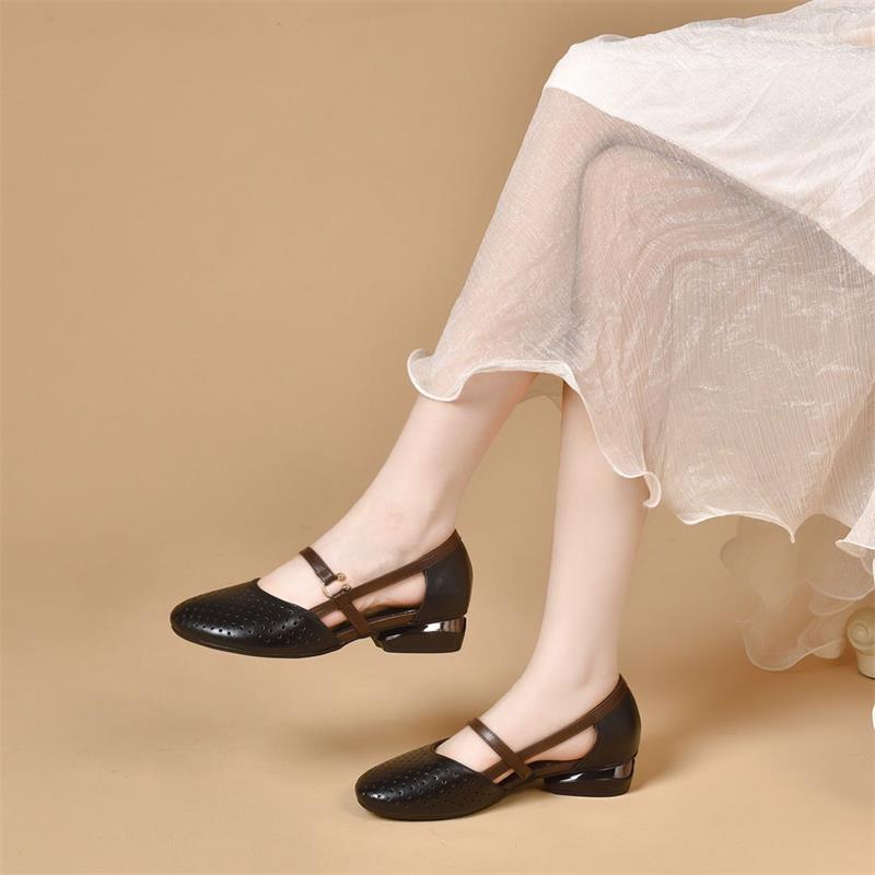 

Round head hollow bag head sandals soft leather thick heel women s shoes versatile low heel hollow sandals summer wear fashion single shoes women 35