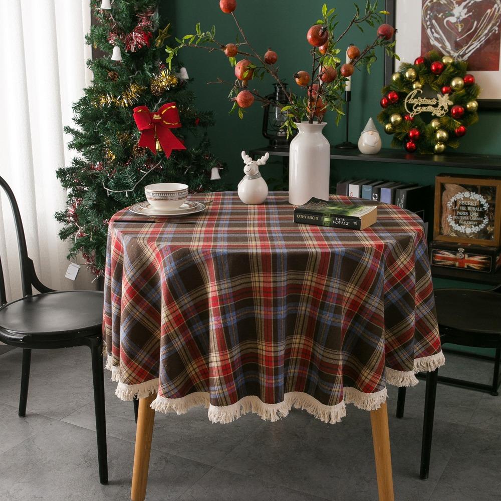 Christmas Plaid Tablecloth Round Fringed Cotton Fabric Holiday Dining Decor American Style