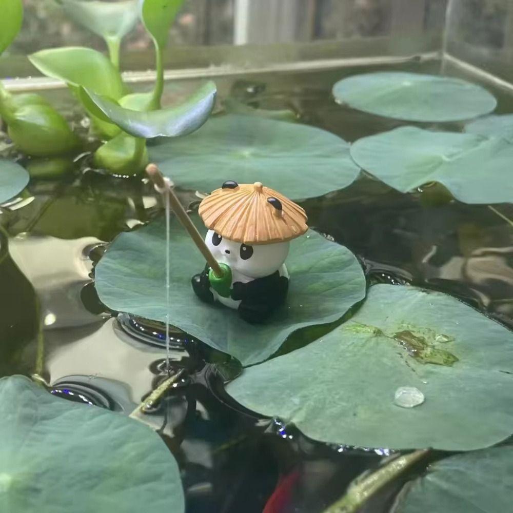 Mini Fishing Decorative Ornaments Fish Tank DIY with Fishing Rod Panda Fishing Ornaments Cartoon Landscaping Ornaments