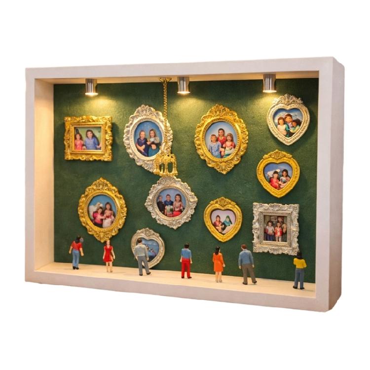 Artistic Wooden Shadows Box With 10 Mini Picture Frames 8 Decorative Figurines And Built In Lighting Frames Collection