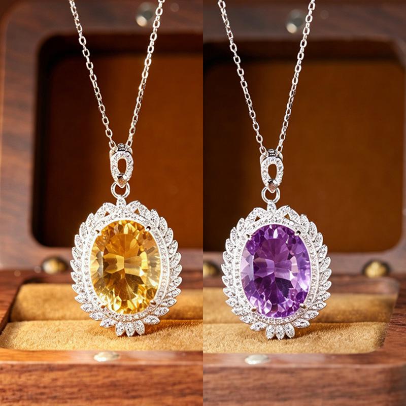 Large Amethyst & Citrine Pendant Necklace for Women, S925 Silver Clavicle Chain, Colored Gem Jewelry
