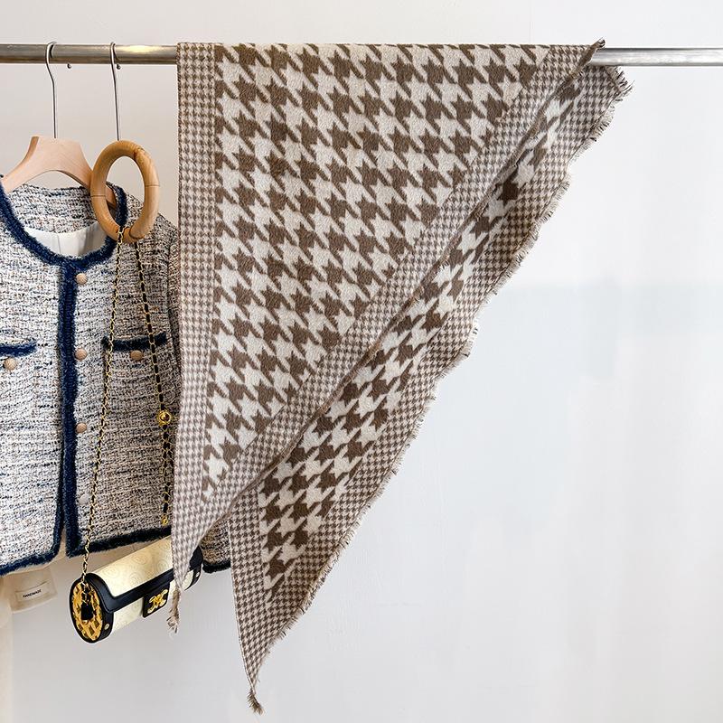 Autumn and winter bird grid imitation cashmere jacquard triangle scarf stacked shawl versatile small scarf warm multi-purpose scarf