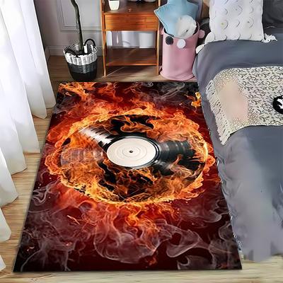 Fiery Vinyl Record Pattern Carpet with Flames and Smoke Design Suitable for Use As an Anti-slip for Living Room Bedroom Sofas