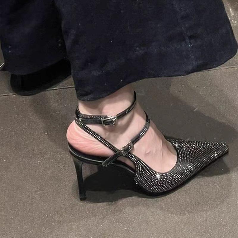 Fashion Baotou One-word Buckle Belt Rhinestone Sandals Women's Summer New Pointed Toe Shallow Mouth Stiletto Temperament High Heels