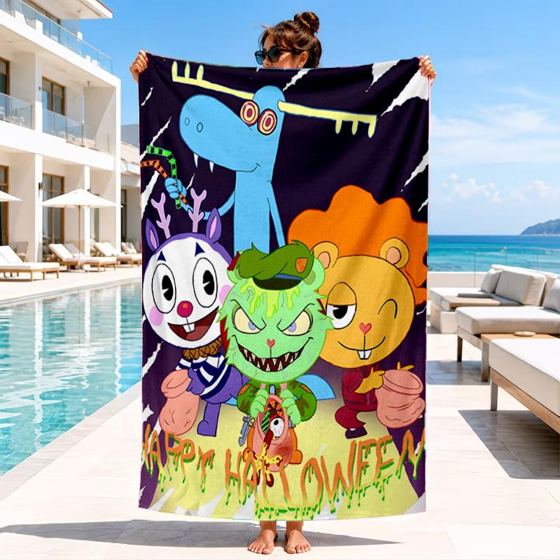 Toalla de Playa Aniversario de Happy Tree Friends, Toalla de Playa de Microfibra, Perfecta Para Piscina, Playa, Viajes, Decoración del Hogar, Regalos para Fans de Fiestas en la Playa