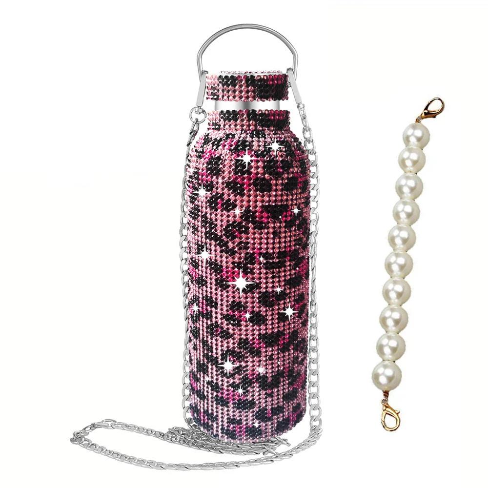 500/600/750/1000ml Diamond Thermos Bottle With 2pcs Chain Portable Rhinestone Water Bottle Stainless Steel Thermal Vacuum Flask