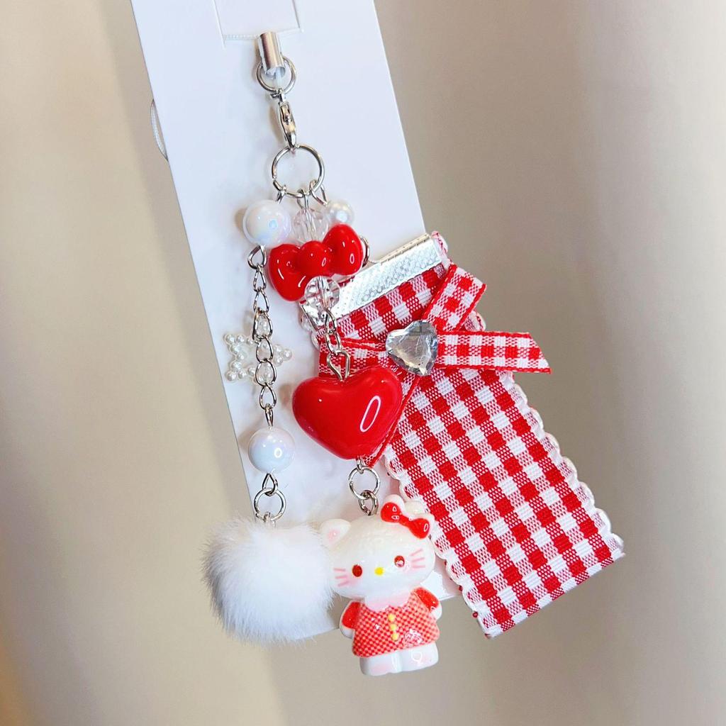 Pink Cartoon Cat Phone Charm & Heart Fur Ball Keychain Pendant