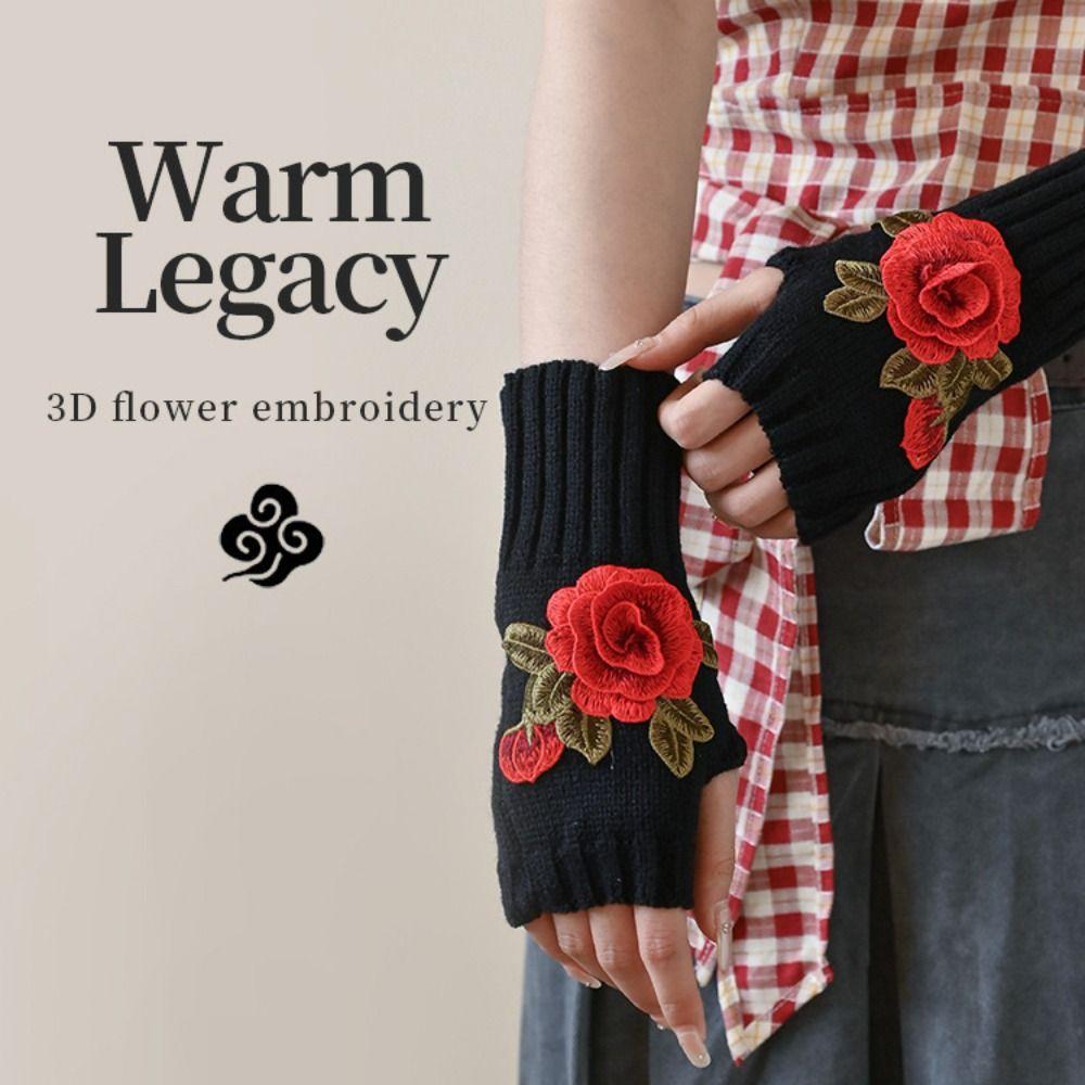 Vintage Embroidery Knitted Gloves Floral Fingerless Gloves Cute Crochet Flower Mittens Outdoor