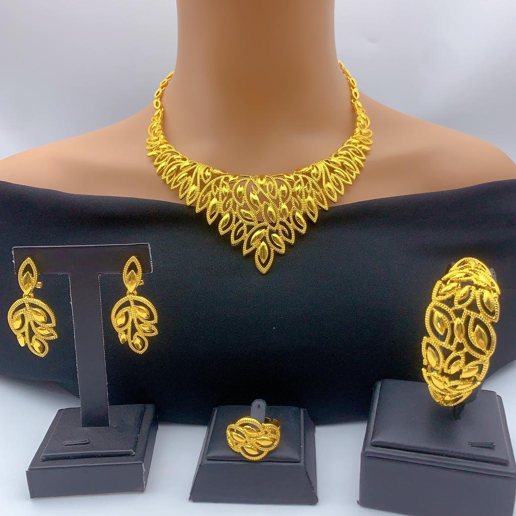 Indisches Schmuckset für Damen Hochzeit Afrikanisch Dubai Blatt Halskette Ohrring 24K Gold Plated Schmuck Party Geschenke Großhandel