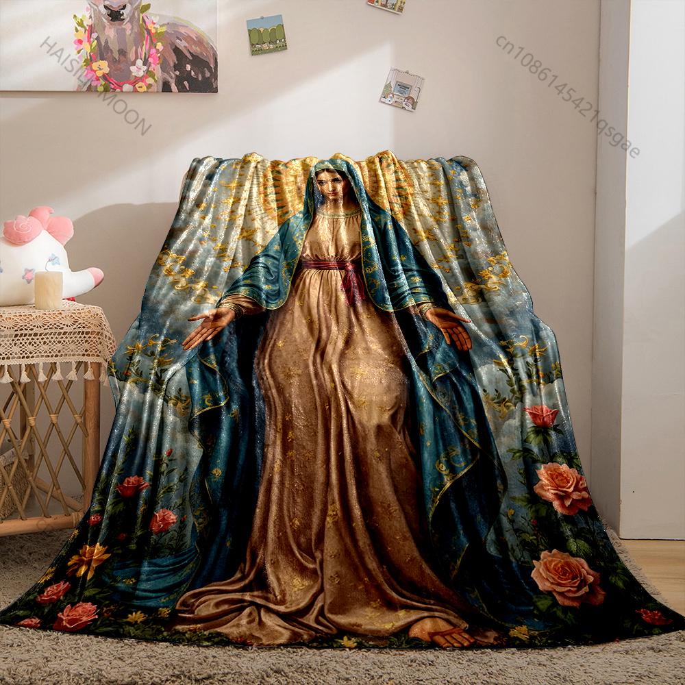 1PC Virgin Mary with Floral Halo Print Blanket Warm Soft Fluffy Kids and Adult Sofa Bed Throw Blanket Outdoor Travel Camping RV