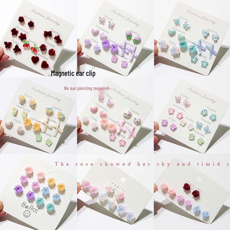 Cherry Blossom Pink Camellia Stud Earrings - Cute & Sweet Set with Magnetic Clips, Fresh Style.