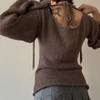 Mode Damen T-Shirt zum Binden am Rücken Pullover Langärmlig U-Boot-Ausschnitt Einfarbig Gestrickter Pullover Lässiges Oberteil