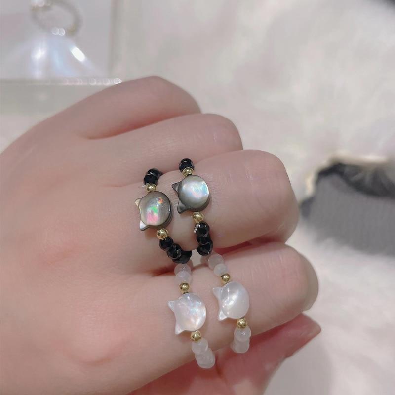 Natürliche Mondstein Obsidian Ringe Perlen Minimalistischer Ring Handgemacht Niedlicher Schwarz Weiß Katzenring Damen Party Zubehör Schmuck