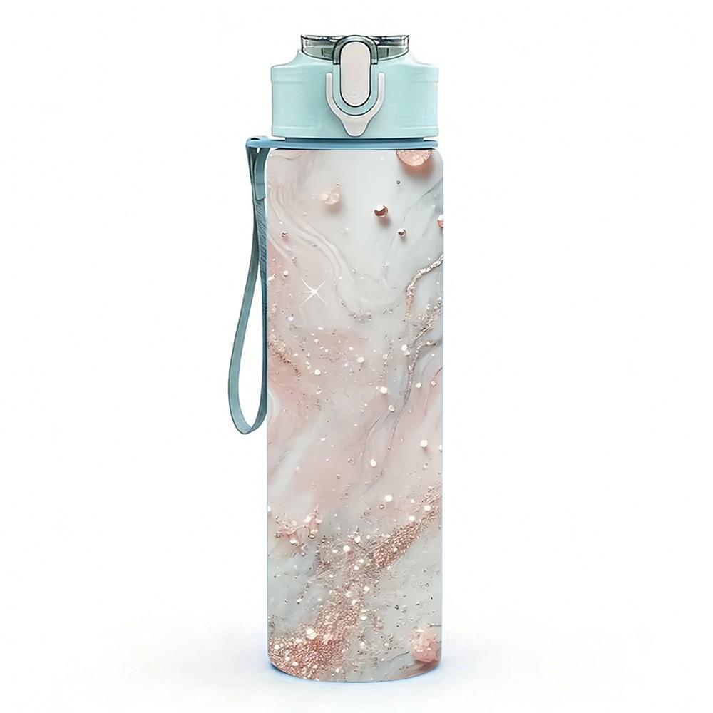 1PC Blush Pink Stone Marble Pattern 750ml Color Plastic Sports Water Bottle Leakproof Flip Straw Lid Suitable for Sports Office Home Use