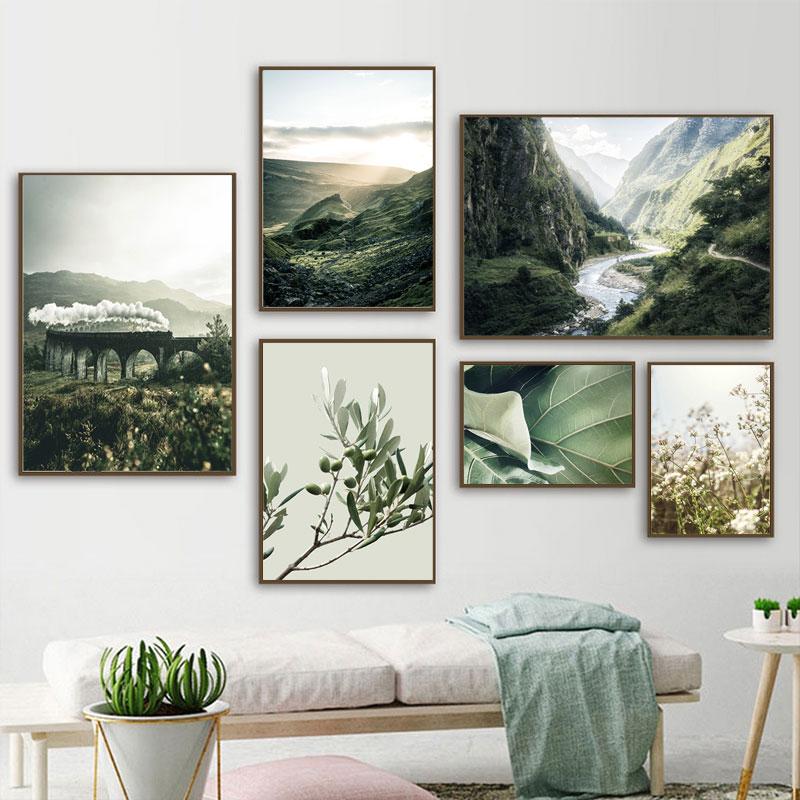 Nature Landscape Green Mountain Forest Leaf Canvas Painting Poster Nordic Art Print Wall Picture for Living Room Bedroom Decor