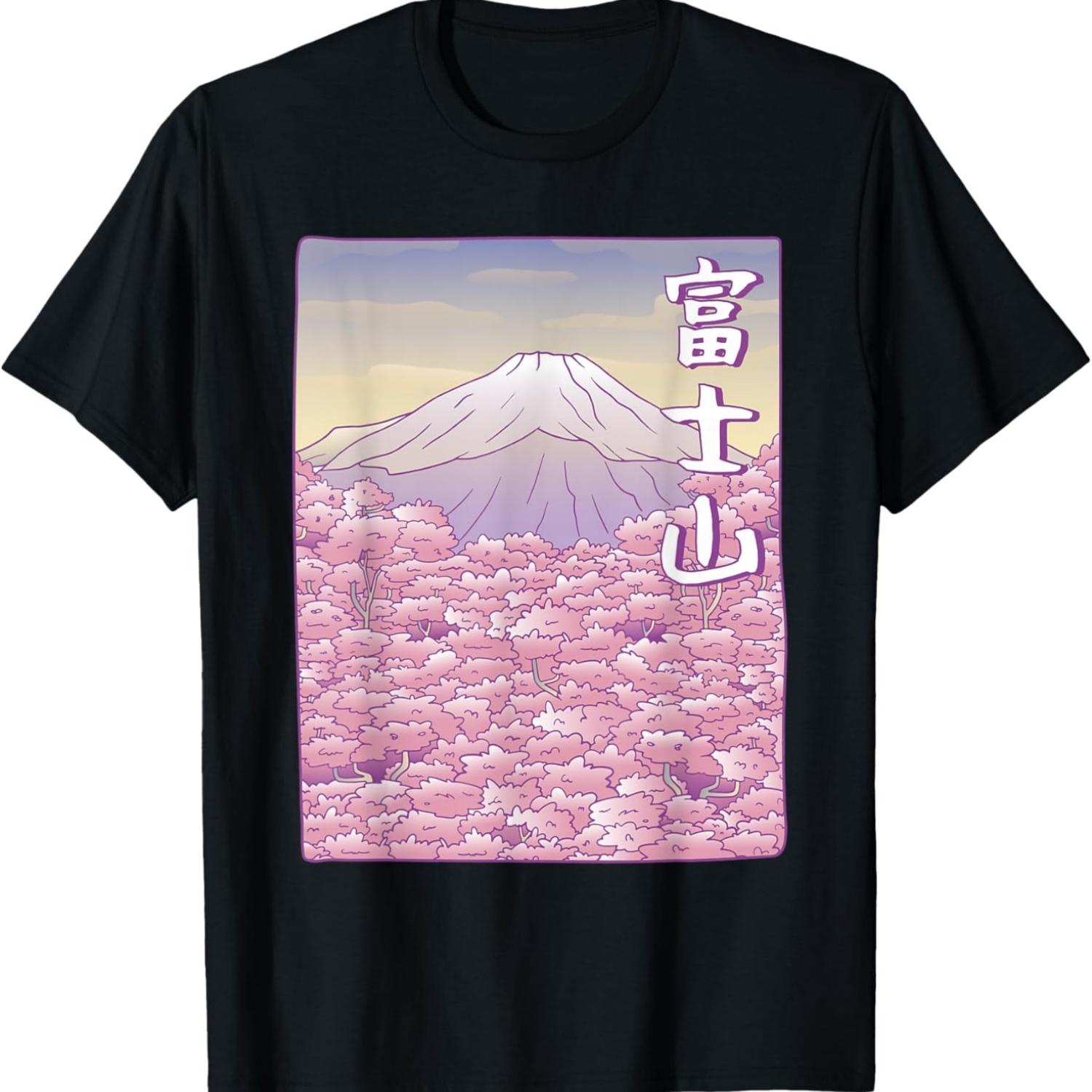 Mountain Fuji Yama Japan Sakura Cherry Blossom T-Shirt S чёрный