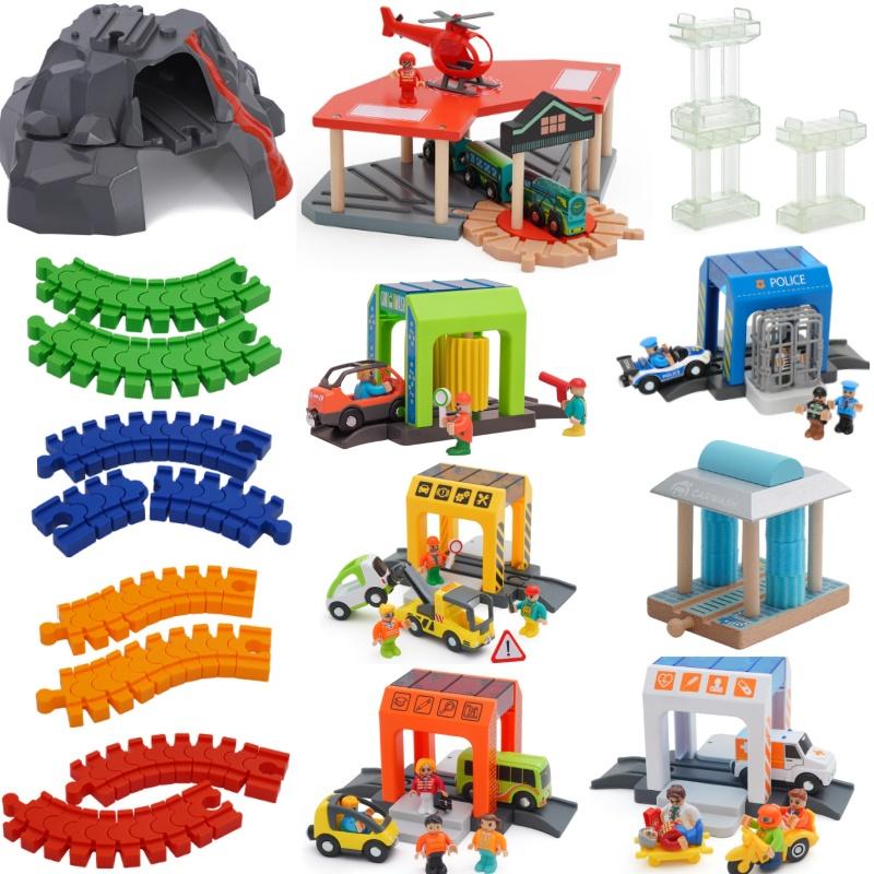 Car Wash Rail Car Set Train Scene Children Fire Station Police Station Simulation Toy  Station Bridge Wooden Train Tracks Toys