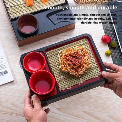 Japanese Style Cold Noodle Dish Paired with Bamboo Mat Plate and Japanese and Korean Tableware