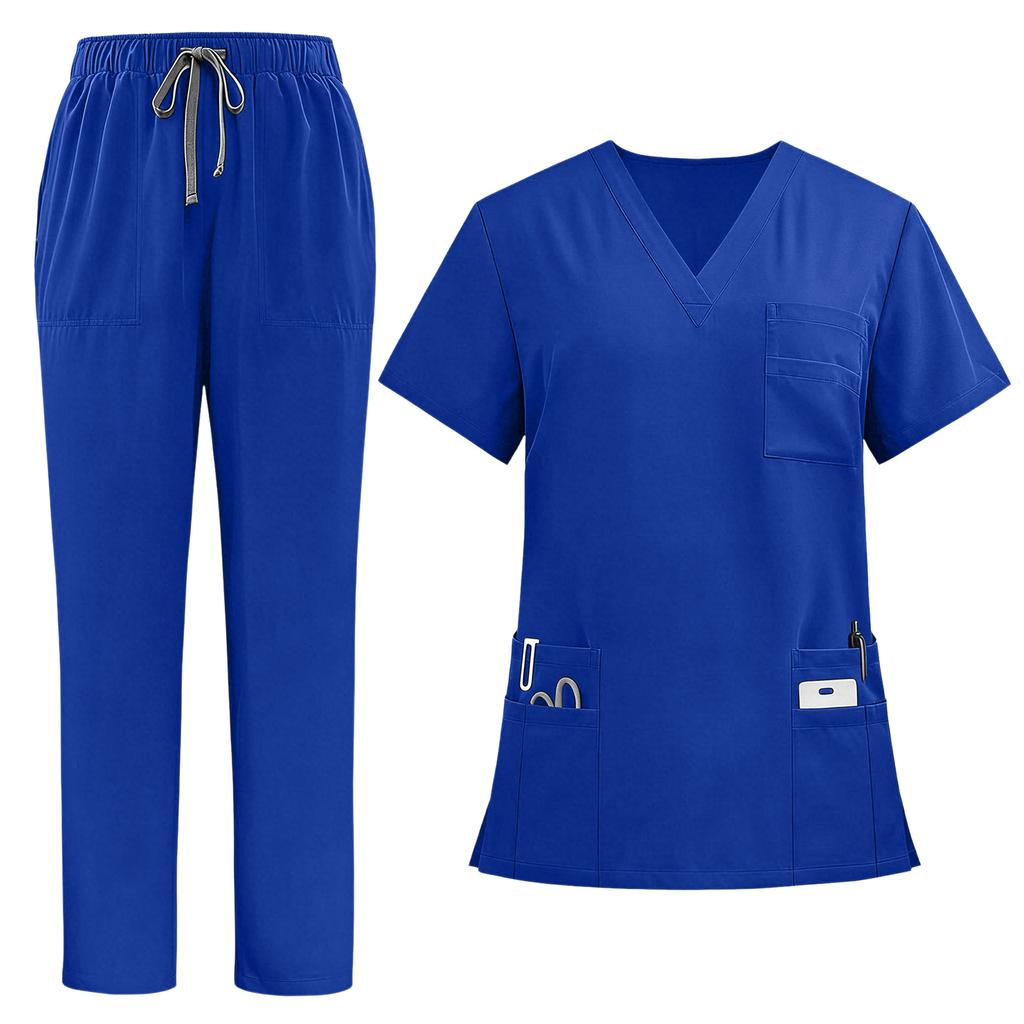 Damen V-Ausschnitt Kurzarm Kasack-Uniform Set mit Oberteil und Hose