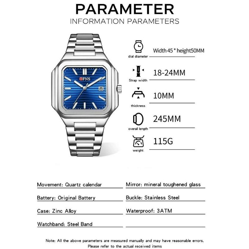 Luxury Square Male Watch Waterproof Luminous Date Quartz Watches For Men Stainless Steel Fashion Men's Clock