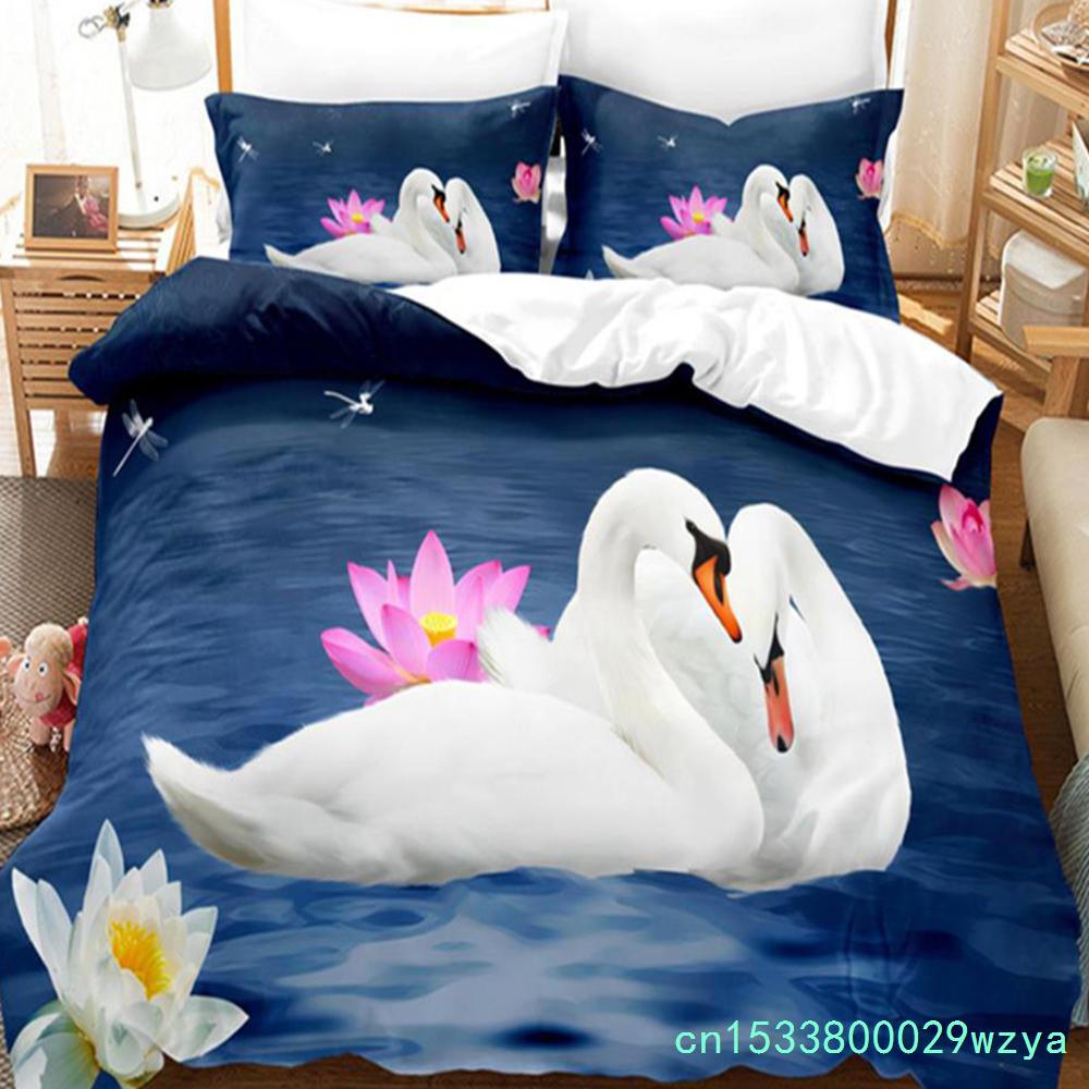Swan Rose Queen Bedding Set Duvet Cover Set Bedding Digital Printing Bed Linen King Size Duvet Cover Set Bedding Set