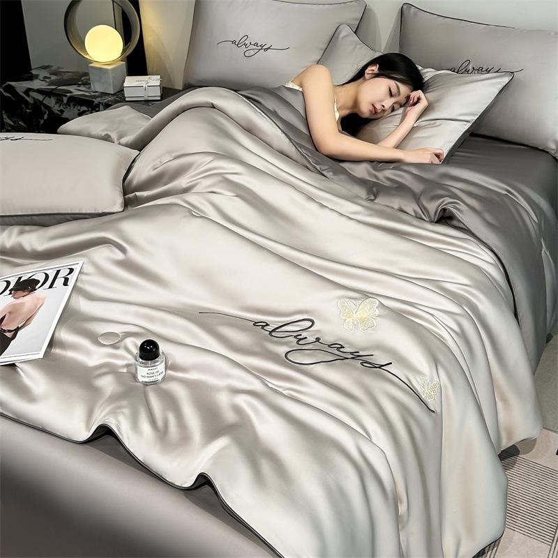 Class A Ice Silk Summer Quilt Set - Cooling, Water Washable, Embroidered, Air Conditioning Friendly, Thin Quilt for Naked Sleep