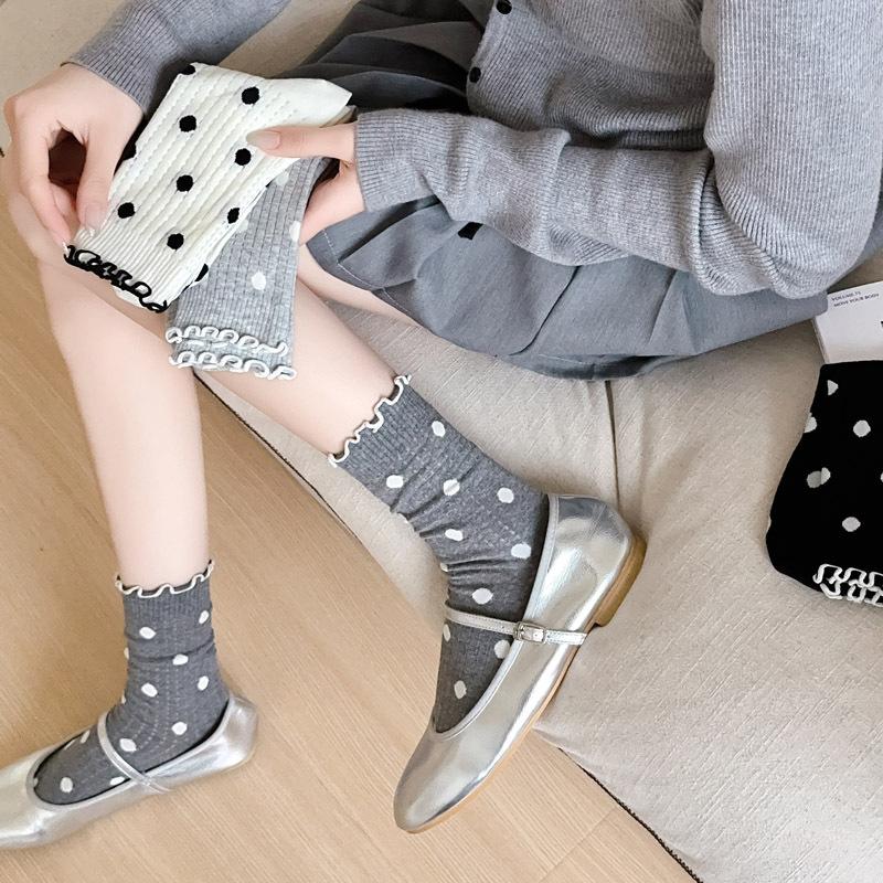 Female Spring and Summer Thin New Wave Dot All Kinds of Wooden Ear Side Mesh Cotton Tube Pile Socks
