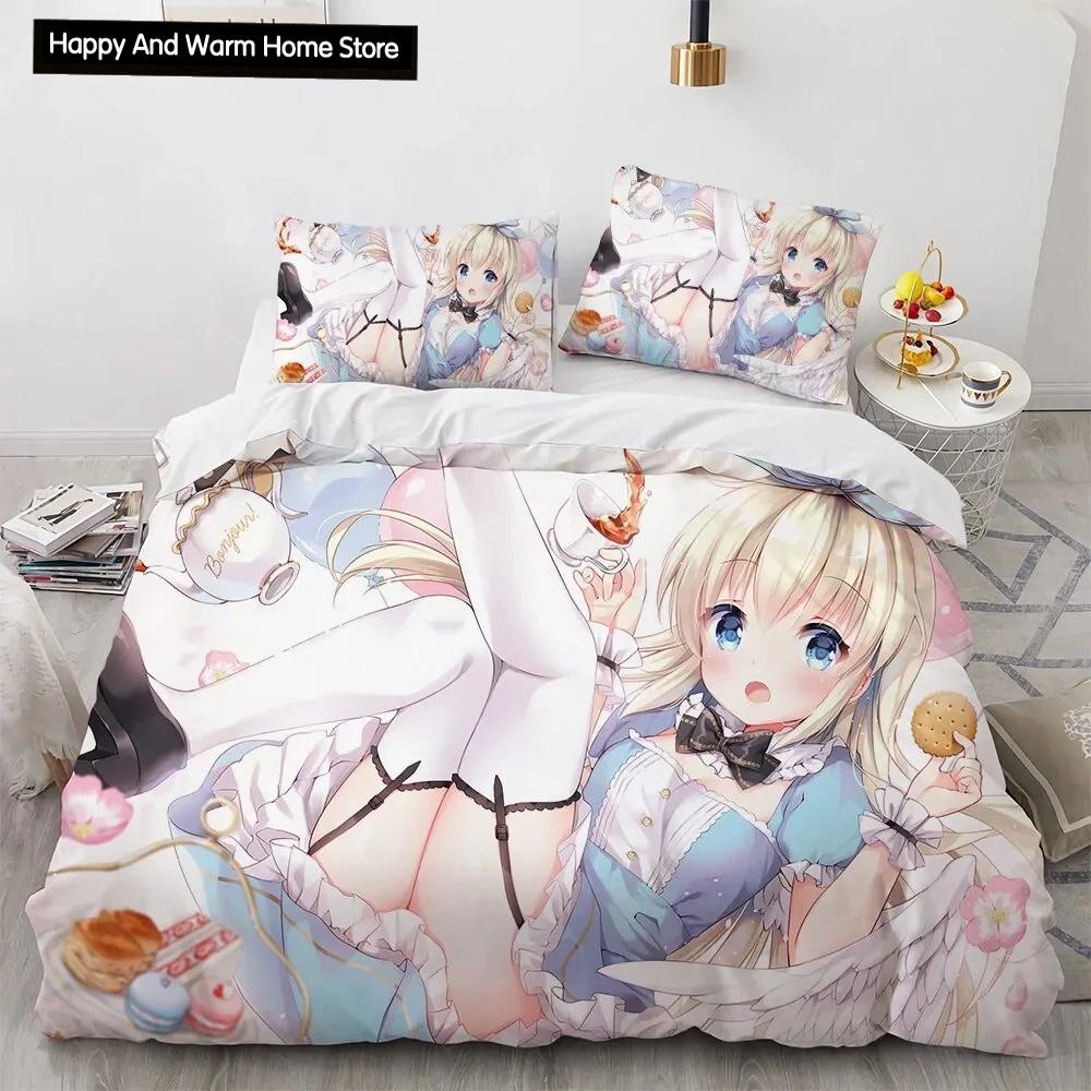 Set de lenjerie de pat pentru fete Kawaii Anime sexy, cuvertură de pilotă Set pat cuvertură husă de pilota pentru fată de pernă, King Queen Twin Size Băieți Fete Adulti
