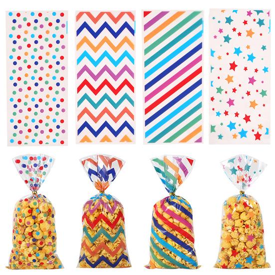 100Pcs Colorful Candy Bags Assorted Dot Stripe Star Pattern Cellophane Treat Bags