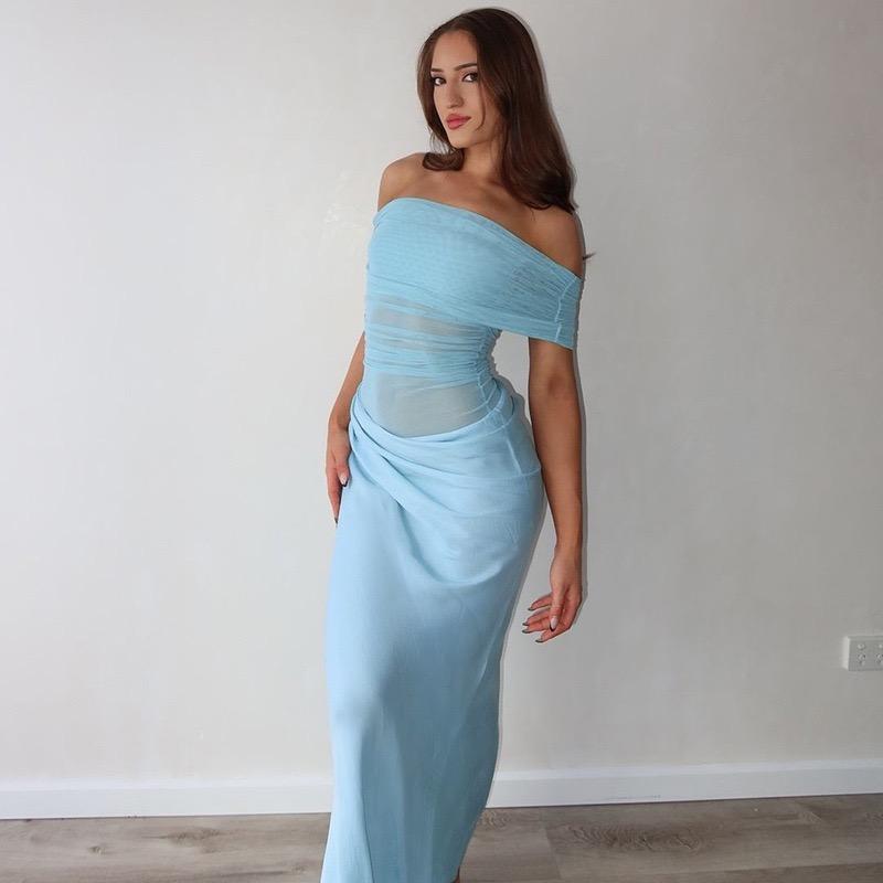 Ruched Irregular Dress Women Mesh Patchwork Slash Neck Short Sleeve Skinny Stretch Trend Elegant Long Bodycon Outfits