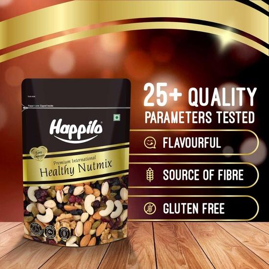 Happilo Premium International Healthy Nutmix 200g, Suszone Migdały, Czarne Rodzynki, Orzechy Nerkowca, Żurawina, Zielone Rodzynki, Jądra Pistacji