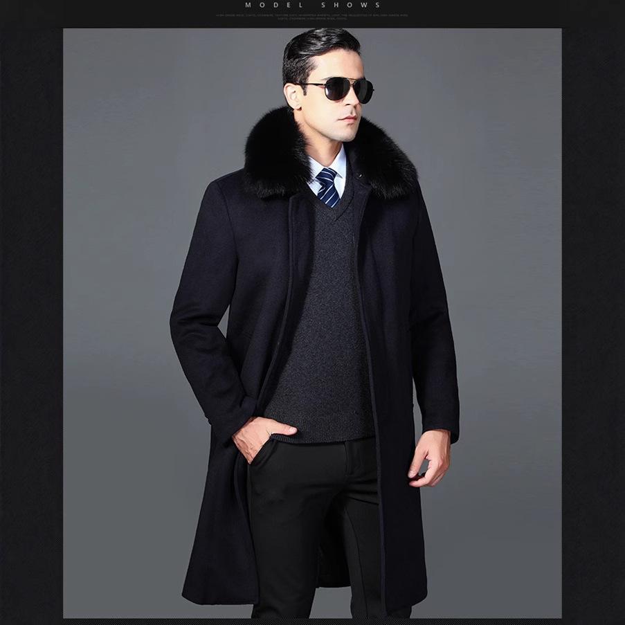 Men's Winter Wool Coat with Detachable Liner and Real Rabbit Fur Collar for Middle-Aged & Elderly