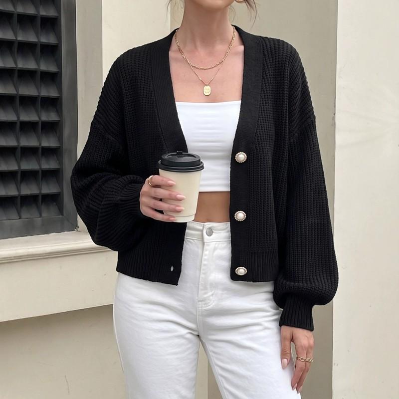 Womens Short Knit Cardigan Fall Winter Casual V-Neck Pearl Button Sweater
