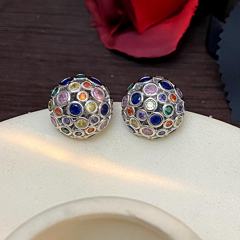 Vintage Spherical Stud Earrings with Colorful Zircon - Retro Court-Style Luxury