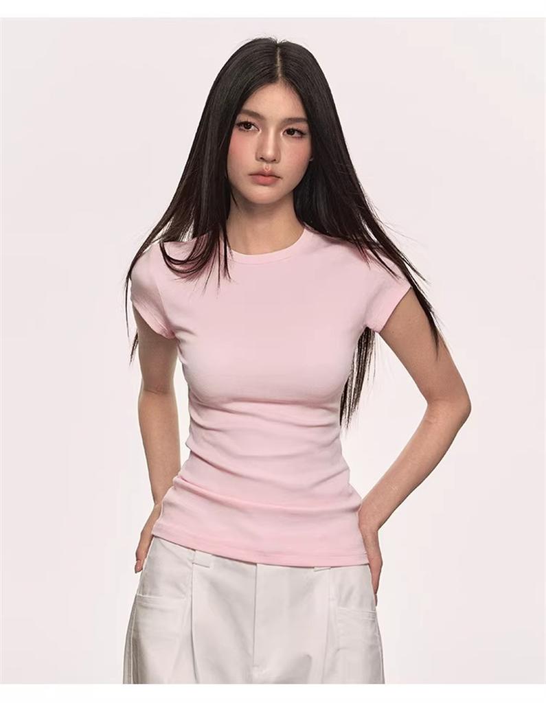 White shoulder short sleeved T-shirt for women, Lyocell summer solid color base, versatile round neck slim basic T-shirt top for women