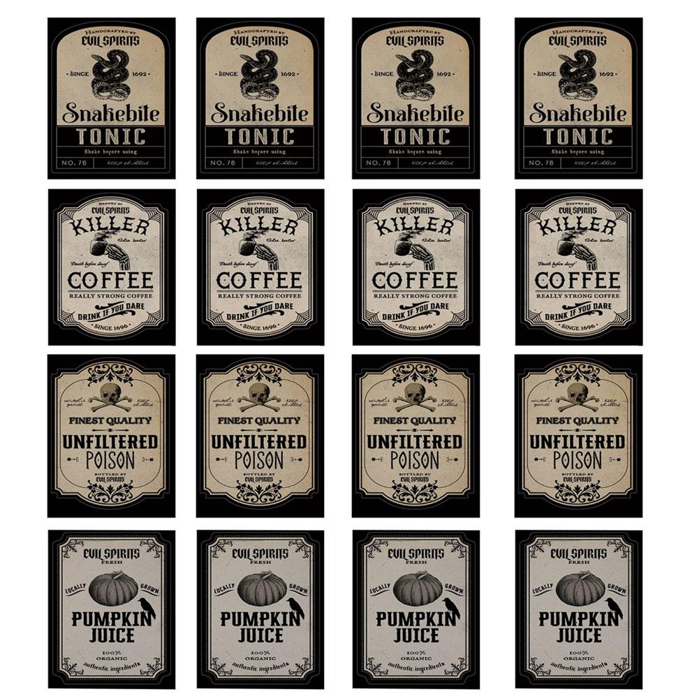 

16 шт./уп. Наклейки на этикетки винных бутылок на Хэллоуин, Наклейки с ужасным скелетом, Декоративные наклейки для пива и напитков