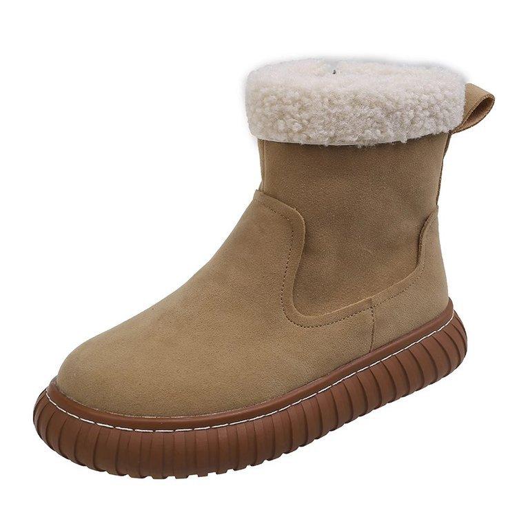 

Real soft leather winter new thick-soled velvet snow boots women s winter round head large cotton shoes warm casual short boots 34 хакі